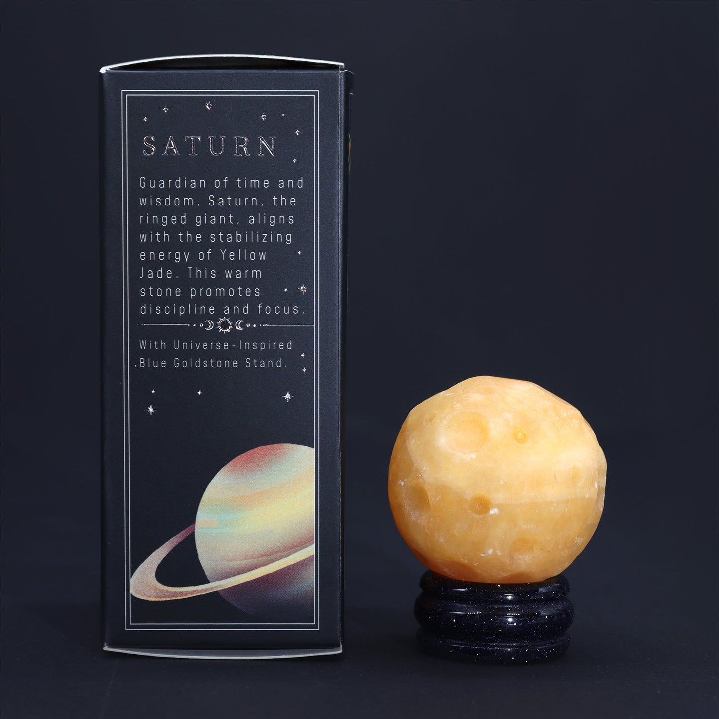 Yellow Jade Planet on a Sola Goldstone Stand (SATURN) - Alchem Soul