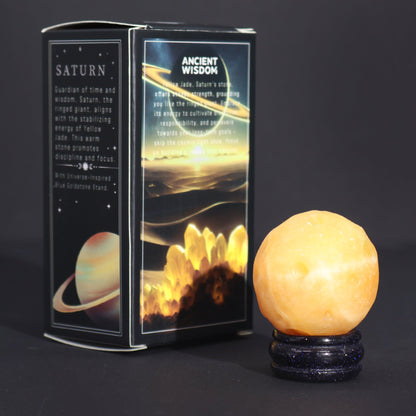 Yellow Jade Planet on a Sola Goldstone Stand (SATURN) - Alchem Soul