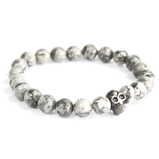 Pewter Skull / Grey Agate - Gemstone Bracelet - Alchem Soul